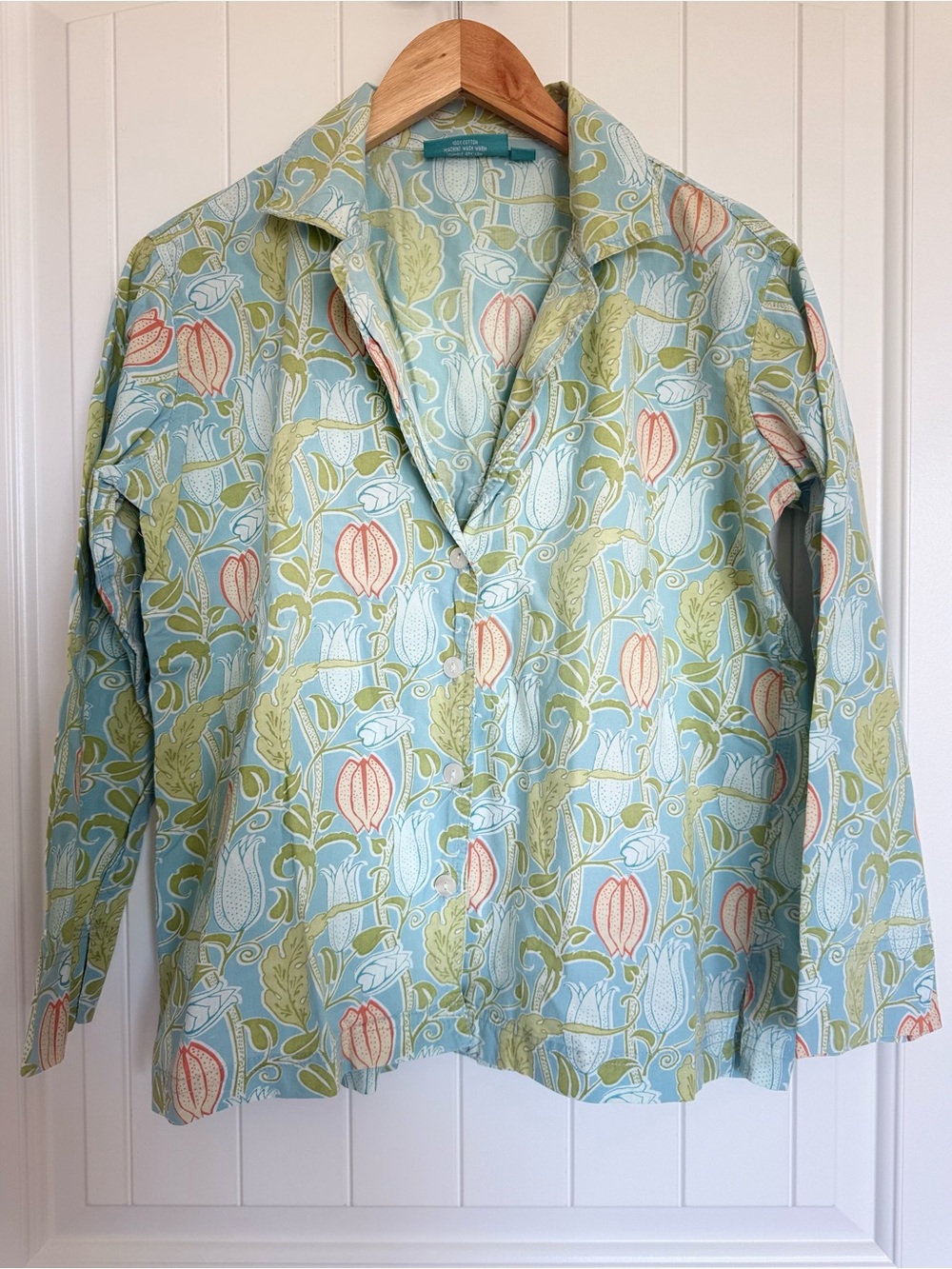 Needham Lane Blue Green Floral Button Up Shirt 100% Cotton Lagenlook Small